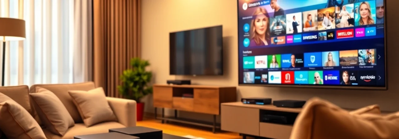 Stream an IPTV Subscription on a sleek TV setup in a cozy living room.