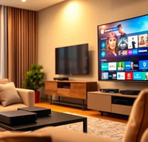 Stream an IPTV Subscription on a sleek TV setup in a cozy living room.