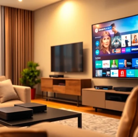 Stream an IPTV Subscription on a sleek TV setup in a cozy living room.