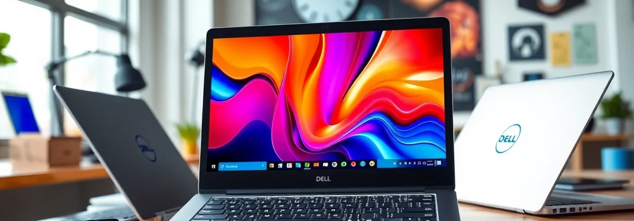 Compra laptops Dell de alta calidad en un moderno entorno de trabajo tecnológico.