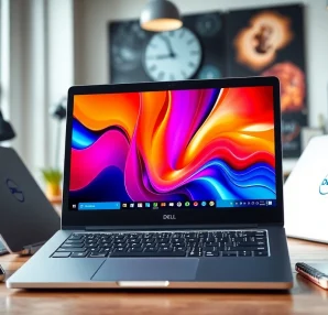 Compra laptops Dell de alta calidad en un moderno entorno de trabajo tecnológico.