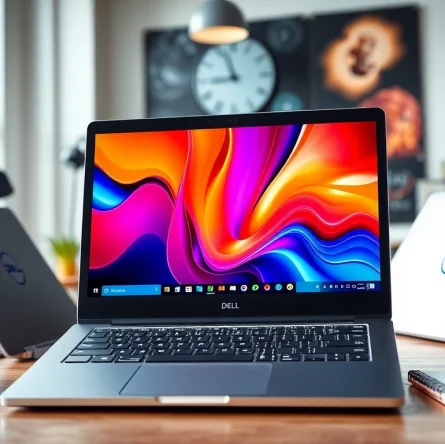 Compra laptops Dell de alta calidad en un moderno entorno de trabajo tecnológico.
