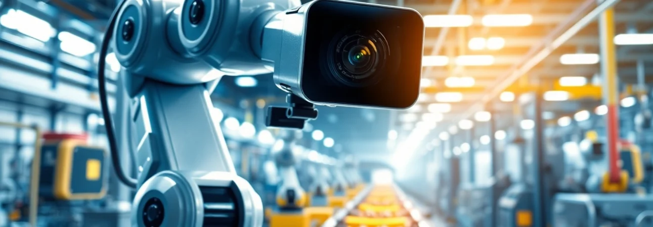 Machine vision technology in action as a robotic arm inspects products on an assembly line.