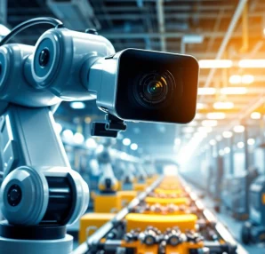 Machine vision technology in action as a robotic arm inspects products on an assembly line.