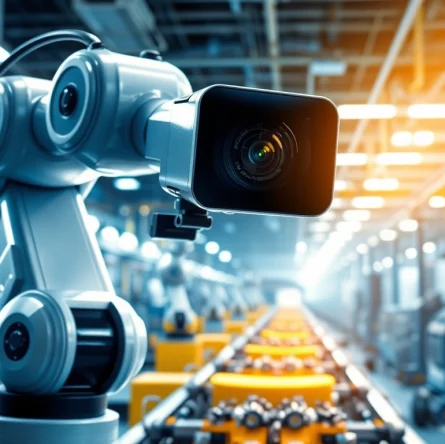 Machine vision technology in action as a robotic arm inspects products on an assembly line.