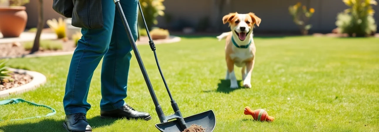 Alamo Ranch poop scooper cleaning a yard while a happy dog plays nearby.