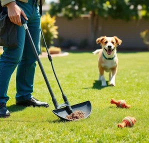 Alamo Ranch poop scooper cleaning a yard while a happy dog plays nearby.