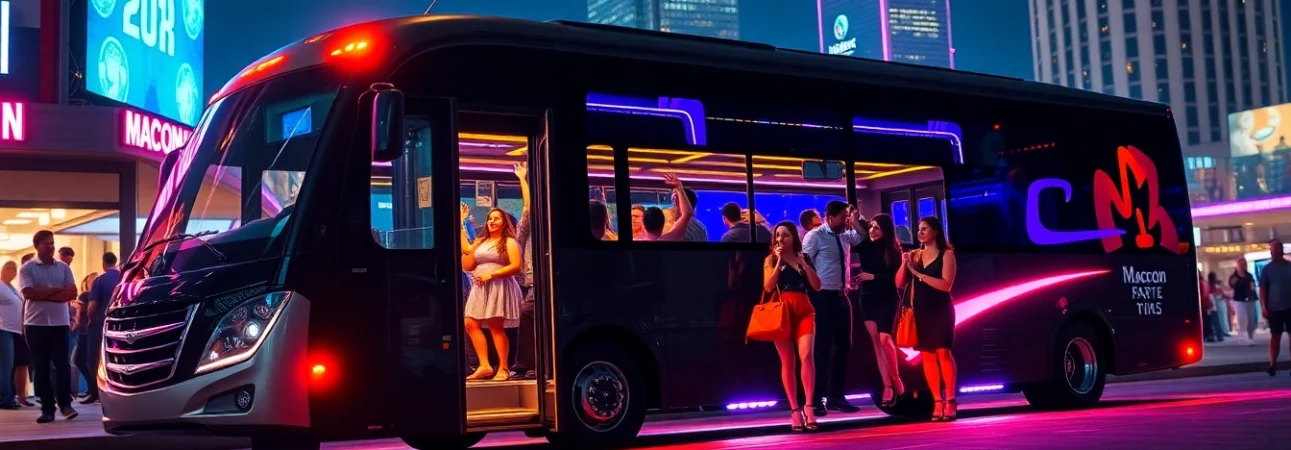 Experience a vibrant macon party bus as guests enter an illuminated vehicle outside a city venue.