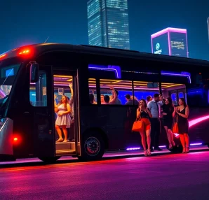 Experience a vibrant macon party bus as guests enter an illuminated vehicle outside a city venue.