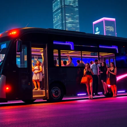 Experience a vibrant macon party bus as guests enter an illuminated vehicle outside a city venue.