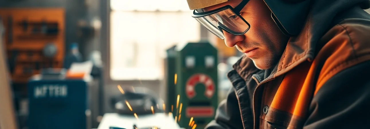 Welder in a safety welding jacket working on a metal project in a workshop environment.