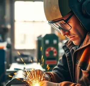 Welder in a safety welding jacket working on a metal project in a workshop environment.