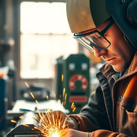 Welder in a safety welding jacket working on a metal project in a workshop environment.