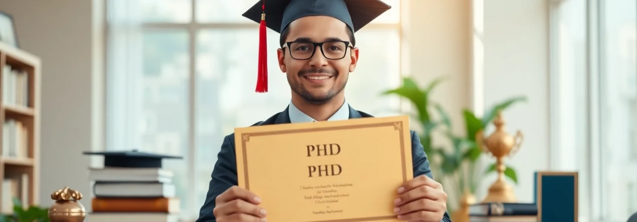 Find where to buy PhD degree with a proud graduate holding their diploma in an academic setting.