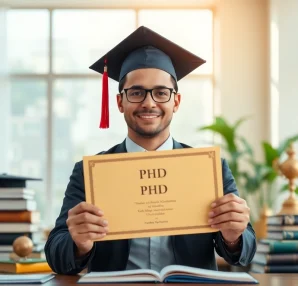 Find where to buy PhD degree with a proud graduate holding their diploma in an academic setting.