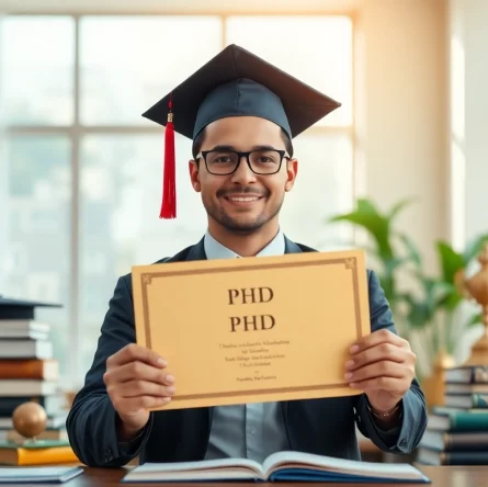 Find where to buy PhD degree with a proud graduate holding their diploma in an academic setting.