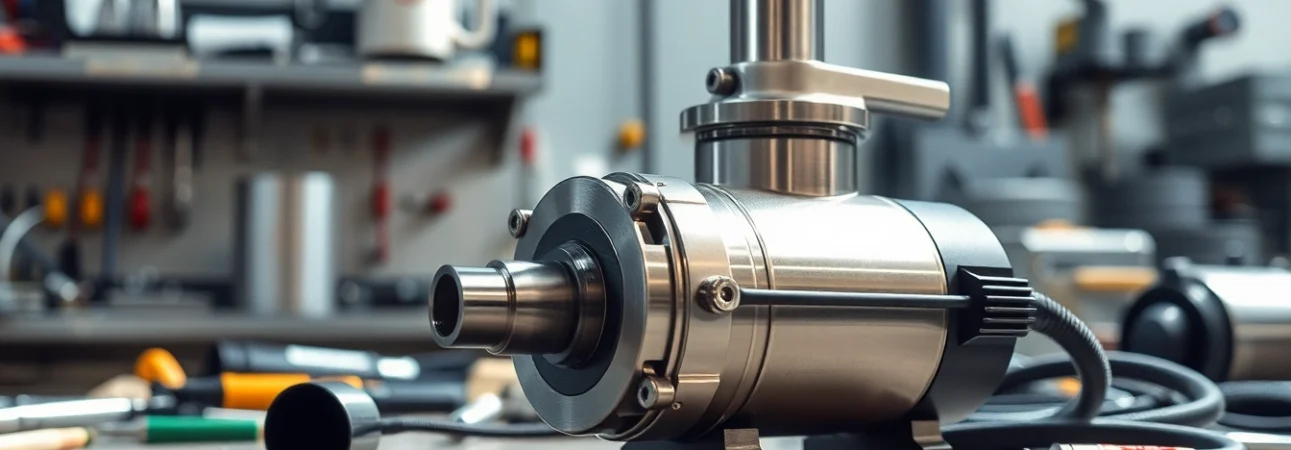 Vacuum ejector showcased on a workshop bench, emphasizing its technical features and industrial setting.