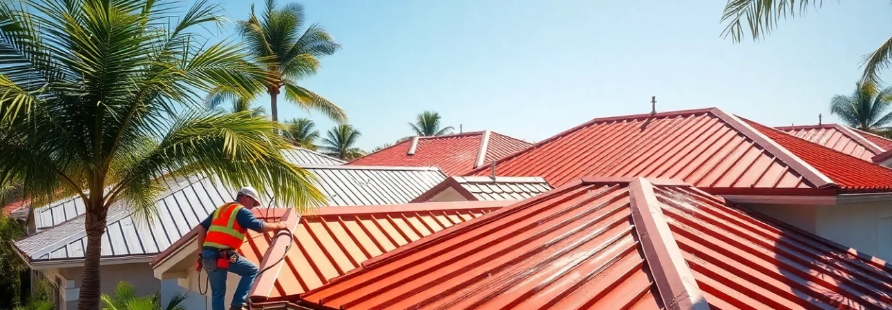 Installers working on florida metal roofing in a sunny neighborhood, showcasing durability.