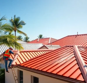 Installers working on florida metal roofing in a sunny neighborhood, showcasing durability.