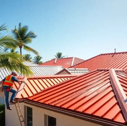 Installers working on florida metal roofing in a sunny neighborhood, showcasing durability.