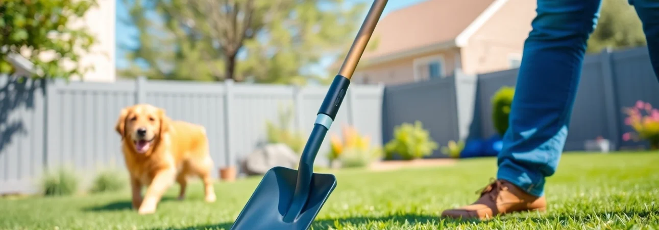 Dog owner uses a pooper scooper to clean up dog poop in a sunny backyard.