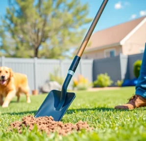 Dog owner uses a pooper scooper to clean up dog poop in a sunny backyard.