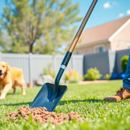 Dog owner uses a pooper scooper to clean up dog poop in a sunny backyard.