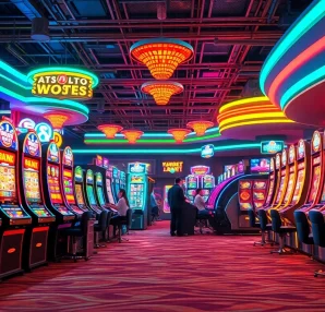 Bermain di platform merahtoto dengan slot permainan digital yang berwarna-warni.