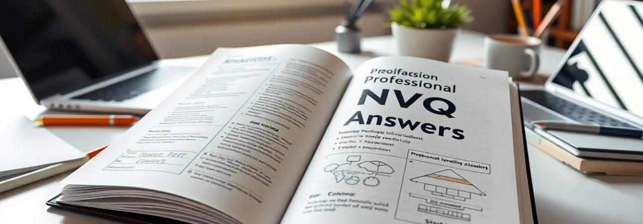 Illustrative scene of NVQ Answers on a desk with notes and a laptop, highlighting study resources.