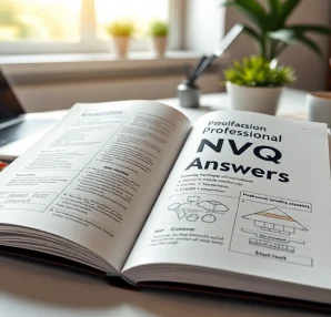 Illustrative scene of NVQ Answers on a desk with notes and a laptop, highlighting study resources.
