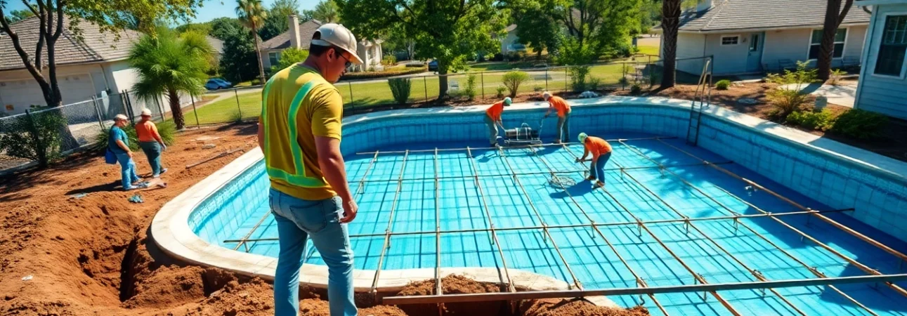 Workers actively engaging in pool construction, showcasing teamwork and craftsmanship on-site.