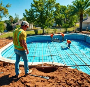Workers actively engaging in pool construction, showcasing teamwork and craftsmanship on-site.