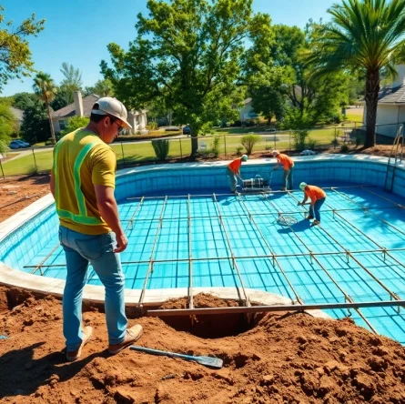 Workers actively engaging in pool construction, showcasing teamwork and craftsmanship on-site.