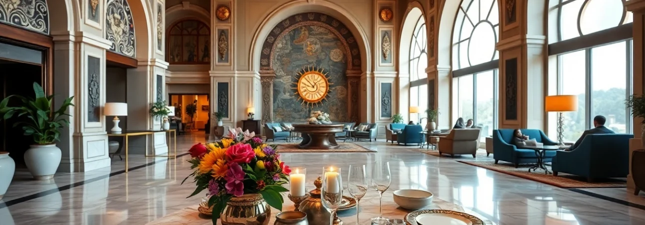 Elegant dining setup at European Pesach hotels featuring Seder plates and floral decor.