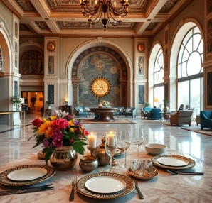 Elegant dining setup at European Pesach hotels featuring Seder plates and floral decor.