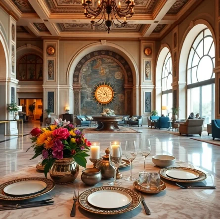 Elegant dining setup at European Pesach hotels featuring Seder plates and floral decor.