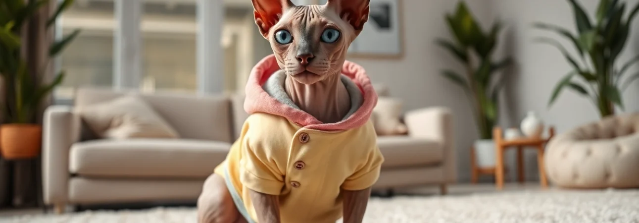 A fashionable Sphynx cat wearing PIKAPIKA Sphynx Clothes, showcasing its delightful outfits in a cozy living room.