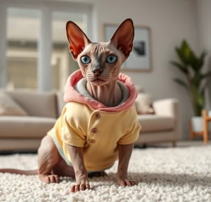 A fashionable Sphynx cat wearing PIKAPIKA Sphynx Clothes, showcasing its delightful outfits in a cozy living room.