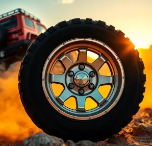 Show off road wheels designed for rugged terrain in a dramatic outdoor setting