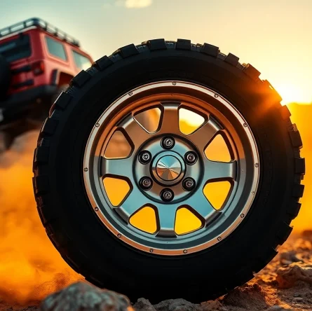 Show off road wheels designed for rugged terrain in a dramatic outdoor setting