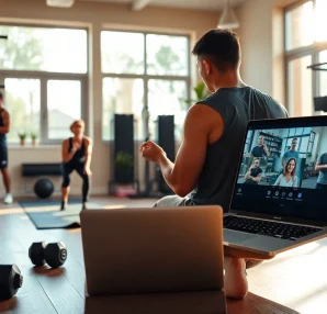 Engage in effective Online gym Training guided by a professional trainer in a vibrant home setting.