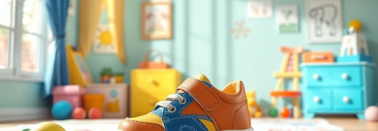 Orthopädische Kinderschuhe präsentiert in einem bunten Kinderzimmer, ideal für gesundes Wachstum.