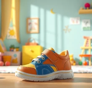 Orthopädische Kinderschuhe präsentiert in einem bunten Kinderzimmer, ideal für gesundes Wachstum.
