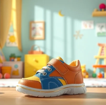 Orthopädische Kinderschuhe präsentiert in einem bunten Kinderzimmer, ideal für gesundes Wachstum.