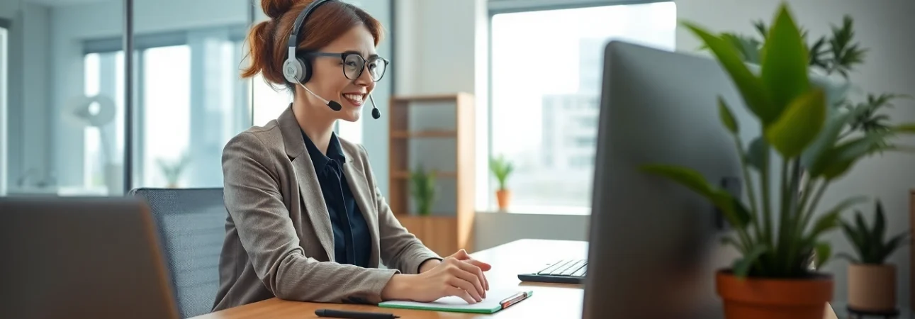 Engage with a professional using Virtual Answer Service in a modern office setting.