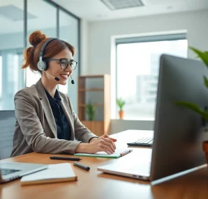 Engage with a professional using Virtual Answer Service in a modern office setting.