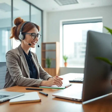 Engage with a professional using Virtual Answer Service in a modern office setting.