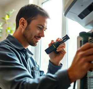 Expert in Los Angeles HVAC services repairing an air conditioning unit in a cozy home.