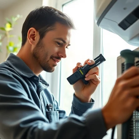 Expert in Los Angeles HVAC services repairing an air conditioning unit in a cozy home.