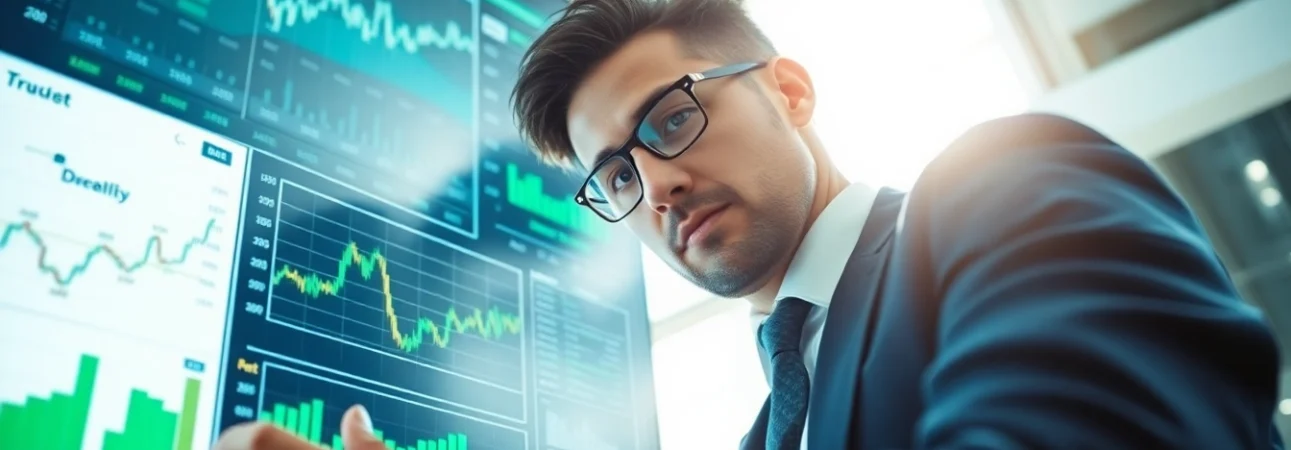 Stock picker analyzing market trends and financial data in a modern office.